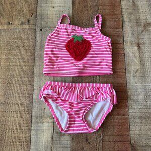 Pink & White Striped Baby Bikini Swimsuit 6-12M Strawberry Applique By Crazy 8